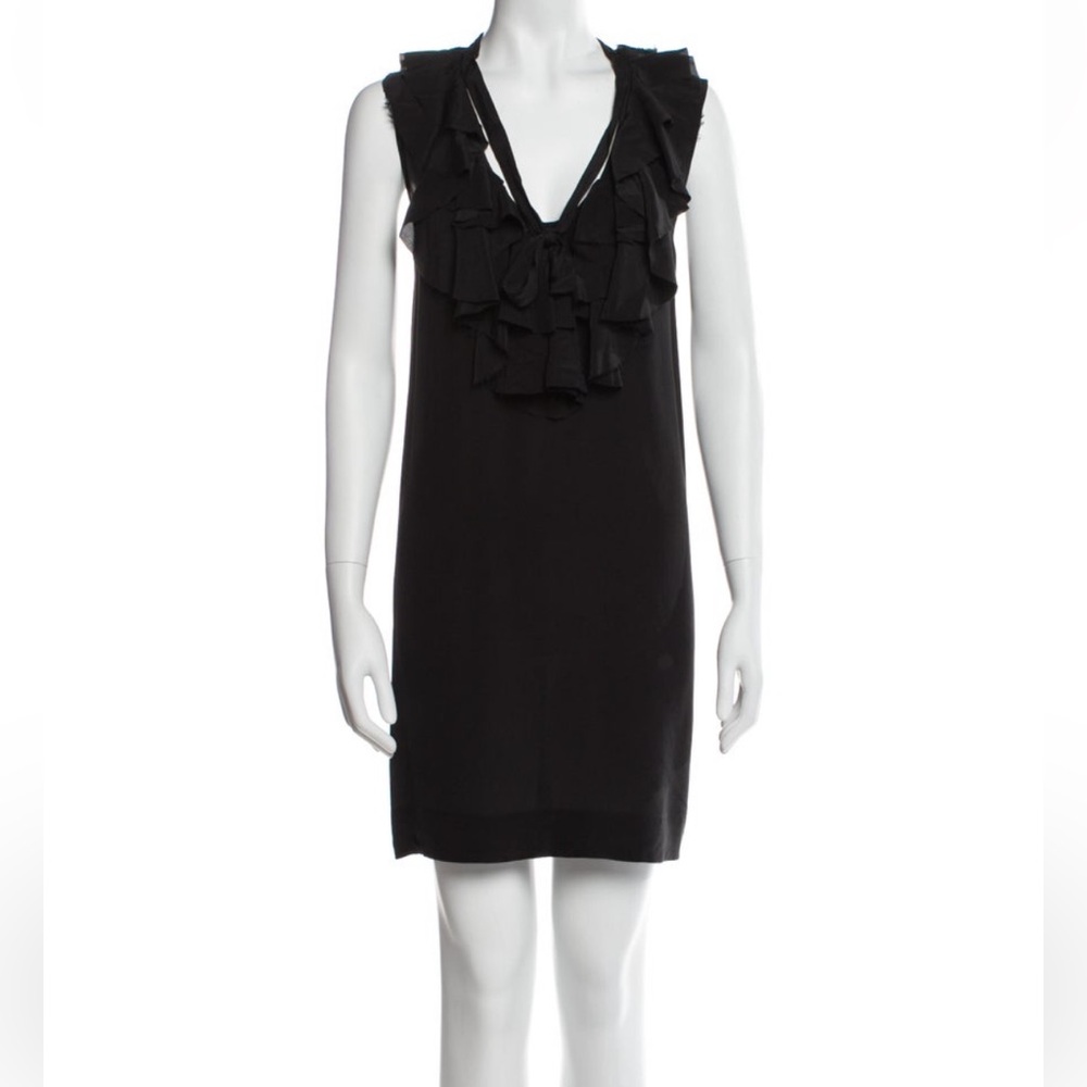 Joie ruffle front silk mini dress, frayed detail, neckline can be loose or tied